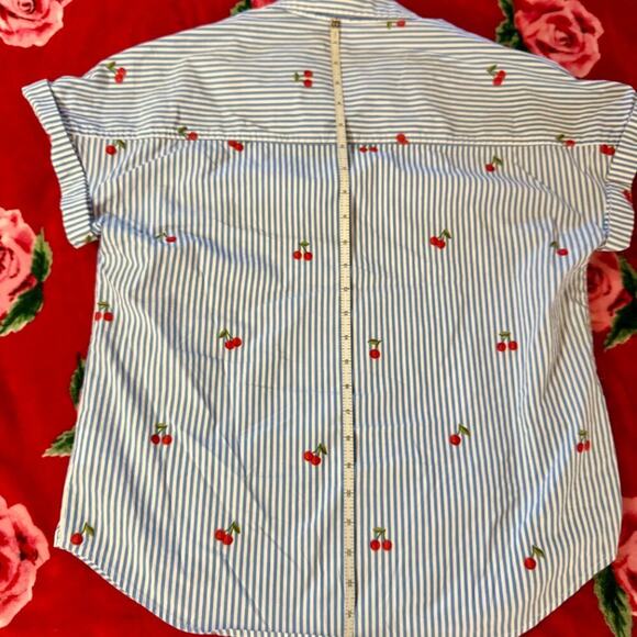 Embroidered Cherry Stripe Button Down Shirt Women's Medium Fruitcore Coquette - Picture 6 of 16